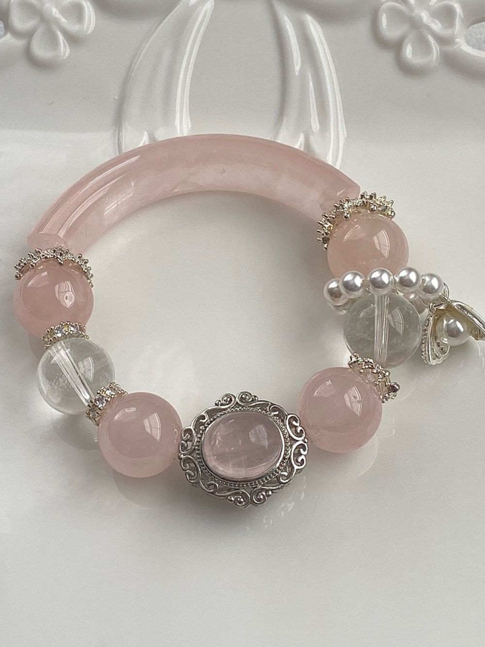 B168-Handmade Rose Quartz And Clear Quartz Half Bangle Bracelet